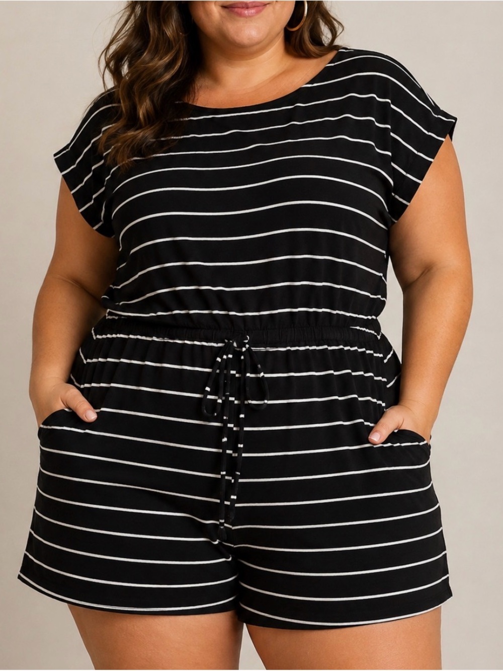 Women’s Black White Striped Drawstring Romper Shorts POCKETS SZ XL
